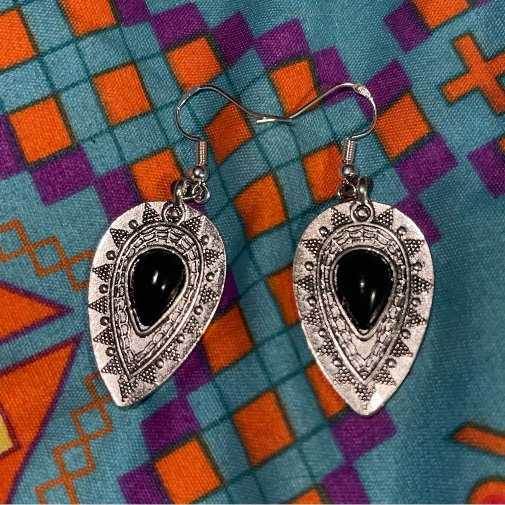 New S925 Sterling Silver Artisan Natural Polished Black Onyx Tibetan Earrings - Picture 8 of 13